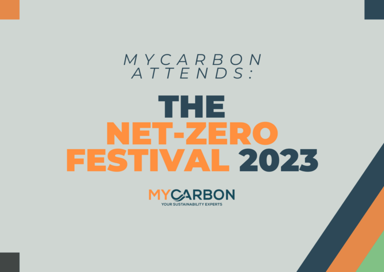 Text: "MyCarbon attends the Net-Zero Festival 2023." Logo and colorful diagonal stripes at bottom right.