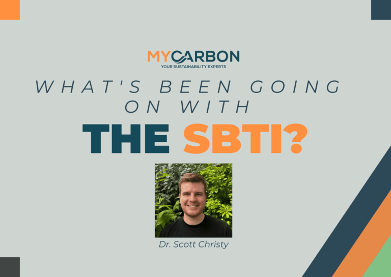 Alt text: "What's been going on with the SBTI? with Dr. Scott Christy and MyCarbon logo."