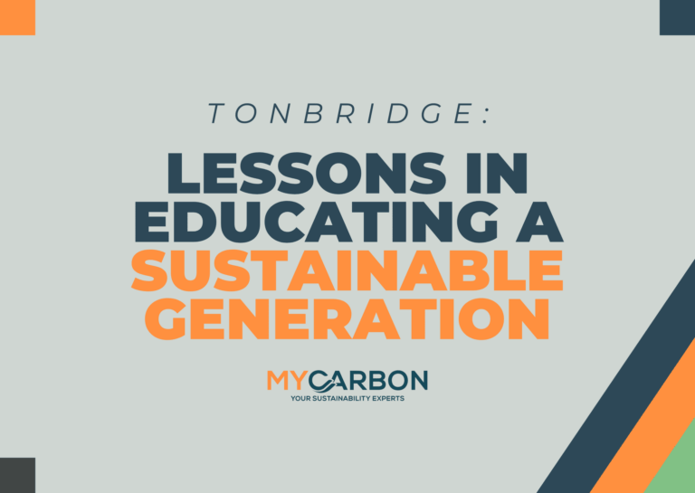 Text says: “Lessons in Educating a Sustainable Generation" with MyCarbon logo and colorful borders.