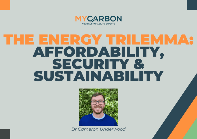 The Energy Trilemma: Affordability, Security & Sustainability. Photo of a smiling man below.