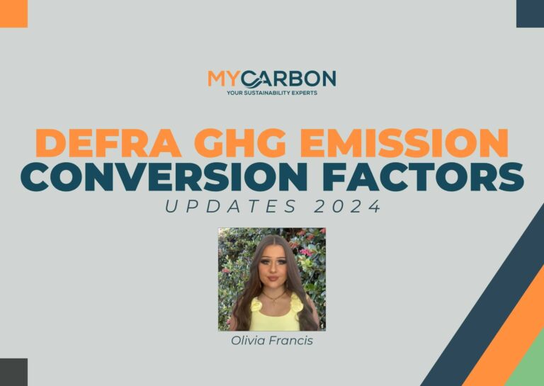 DEFRA GHG Emission Conversion Factors Updates 2024, MyCarbon, headshot of a woman below the text.