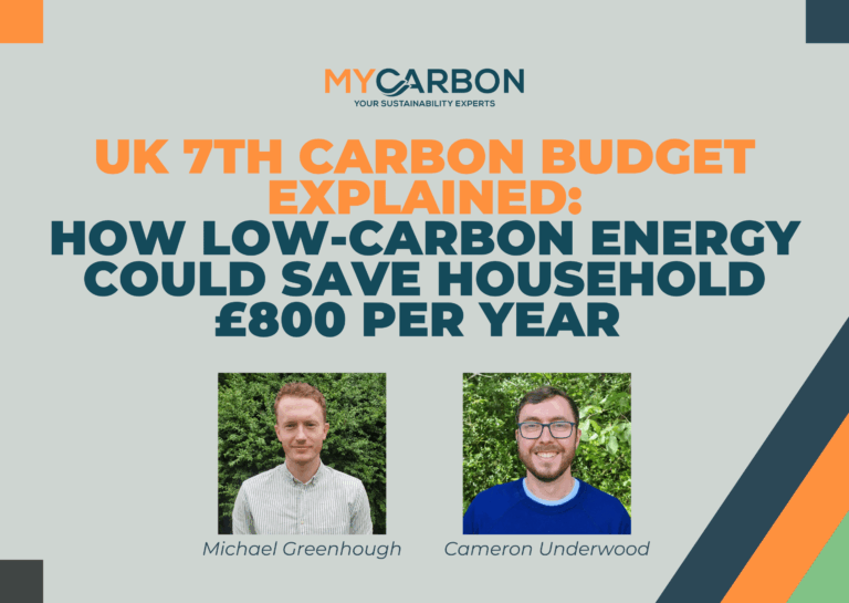 UK 7th Carbon Budget summary with photos of two people and the MyCarbon logo.