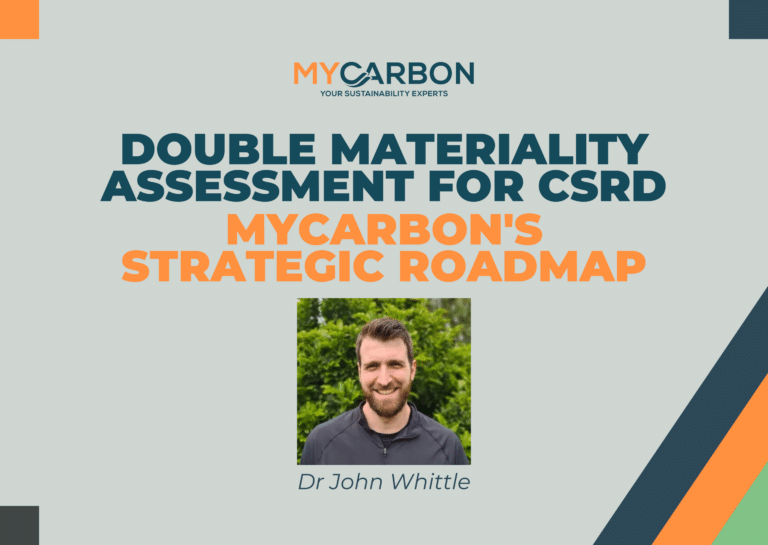 MyCarbon banner about double materiality assessment for CSRD, with photo of Dr John Whittle.