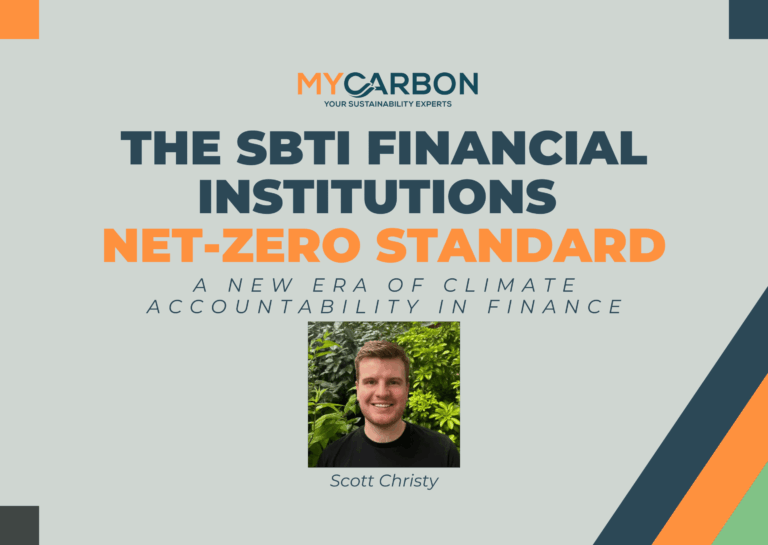 Text banner: "The SBTi Financial Institutions Net-Zero Standard" with a photo of a man below.
