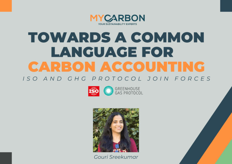 Banner on carbon accounting featuring a woman, ISO and GHG Protocol logos, and the name Gouri Sreekumar.