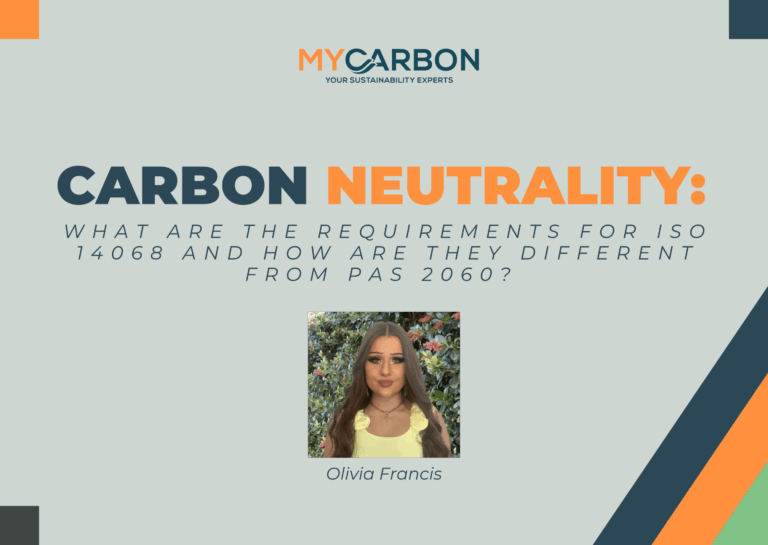 Alt text: "Carbon neutrality requirements for ISO 14068 vs PAS 2060, by Olivia Francis."