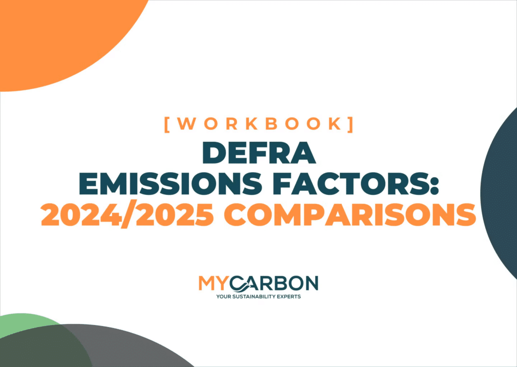 60160538417a2ec36f5de530d3cbdcd5c68cd2d8 DEFRA Emissions Factors: 2024/2025 Comparisons workbook cover with MYCARBON logo.