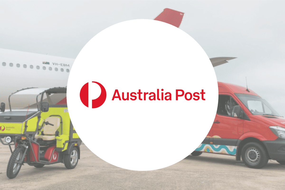 APG-SupplyChain Australia Post logo with van, plane, and delivery scooter in the background.