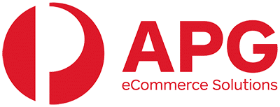 APG-eCommerce Red APG logo with the text "eCommerce Solutions" on a transparent background.