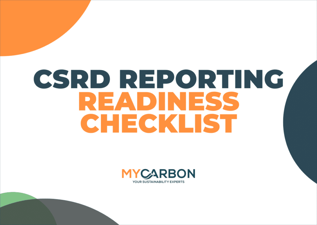 CSRD Reporting Text "CSRD Reporting Readiness Checklist" with colorful circle shapes in the corners.
