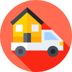 A yellow house on a moving truck, symbolizing relocation, on a red circular background.