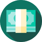Stack of paper money with a yellow band on a green circular background.