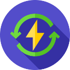 A yellow lightning bolt with green circular arrows on a blue background, representing renewable energy.