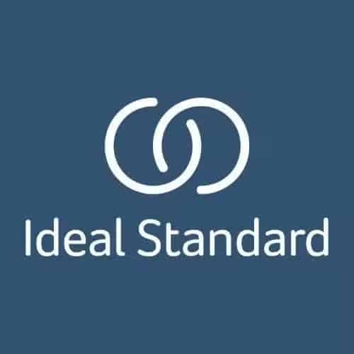 White Ideal Standard logo with two interlocking circles on a blue background.
