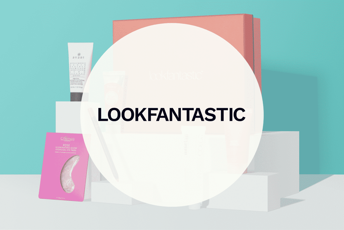LookFantasticLogo LOOKFANTASTIC logo with beauty products in the background on a teal and white backdrop.