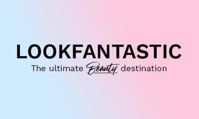Lookfantastic logo with the text "The ultimate beauty destination" on a pink and blue gradient background.