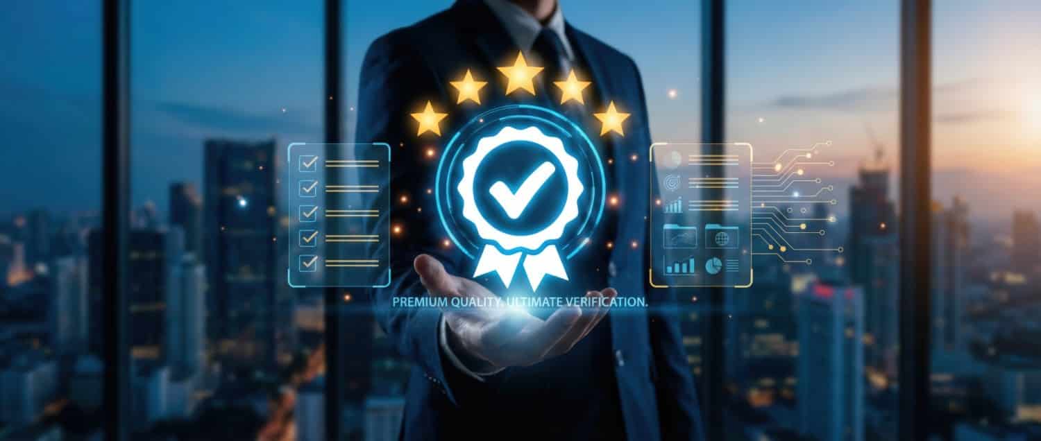 Business professional presenting certification award urban office digital imagery modern environment close-up viewpoint achievement recognition for seo impact A person in a suit holds a glowing award icon with five stars and checklists, cityscape in background.