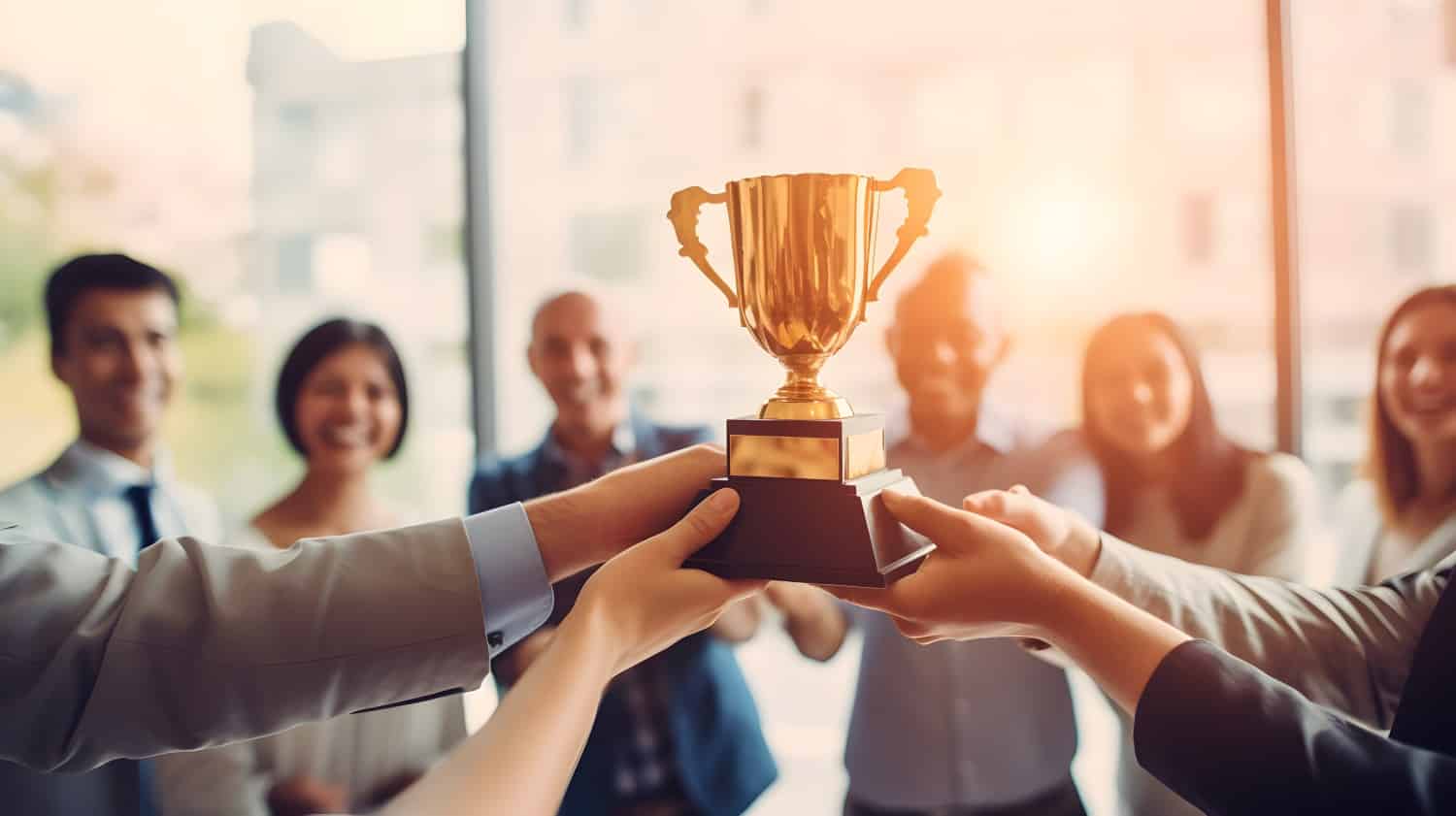 Businesspeople holding a trophy at the office, excellence recognition achievement business teamwork People holding a gold trophy together, smiling in an office with sunlight in the background.