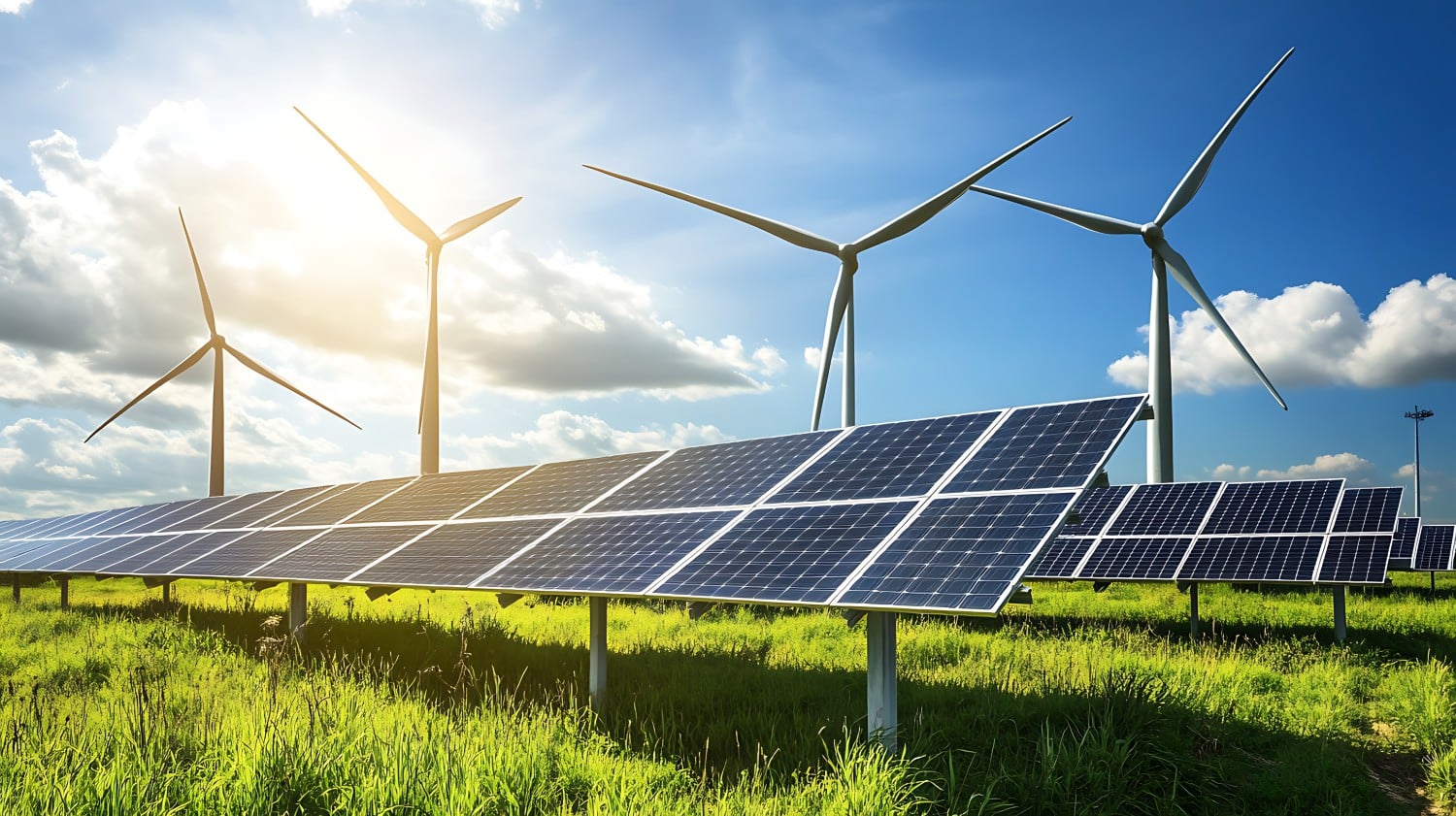 Solar panels and wind turbines in a green field under a blue sky with clouds.