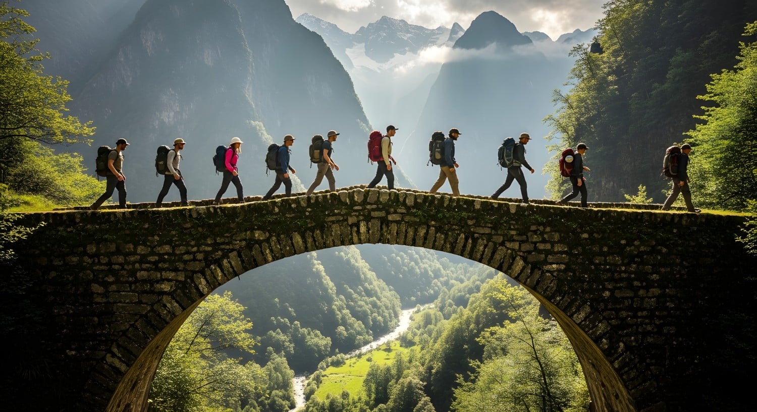 A line of hikers with backpacks crossing an ancient stone bridge over a lush green valley with a winding river and majestic mountains in the background. A group of hikers with backpacks crossing an old stone bridge in a scenic mountain valley.