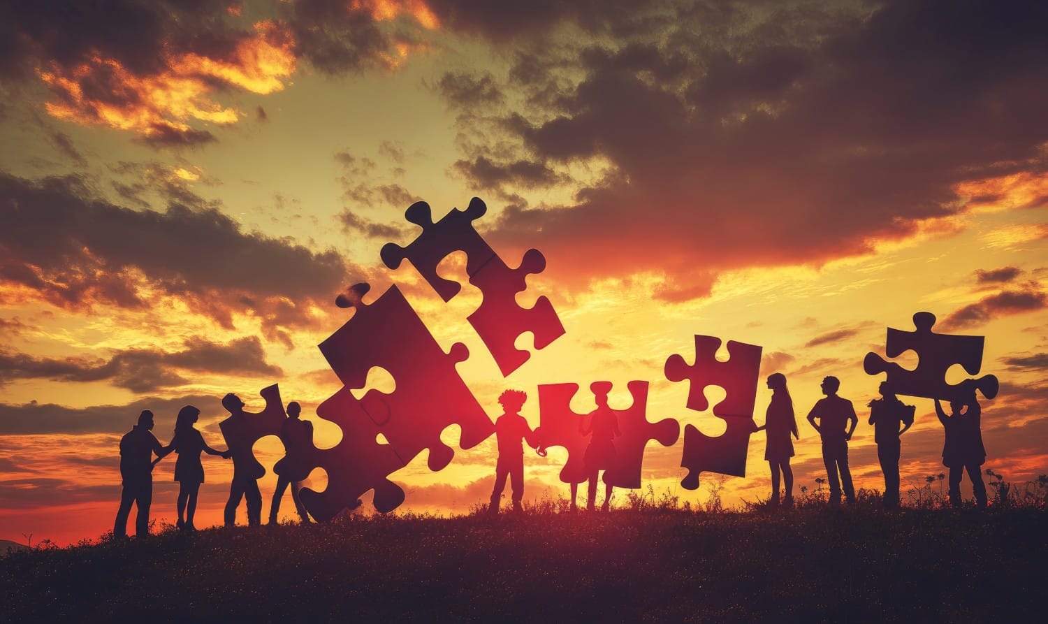 Teamwork Solves Puzzles at Sunset Silhouettes of people holding giant puzzle pieces together at sunset.